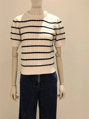 VILZSTUDIOS Striped Round Neck Knit Slim Sweater