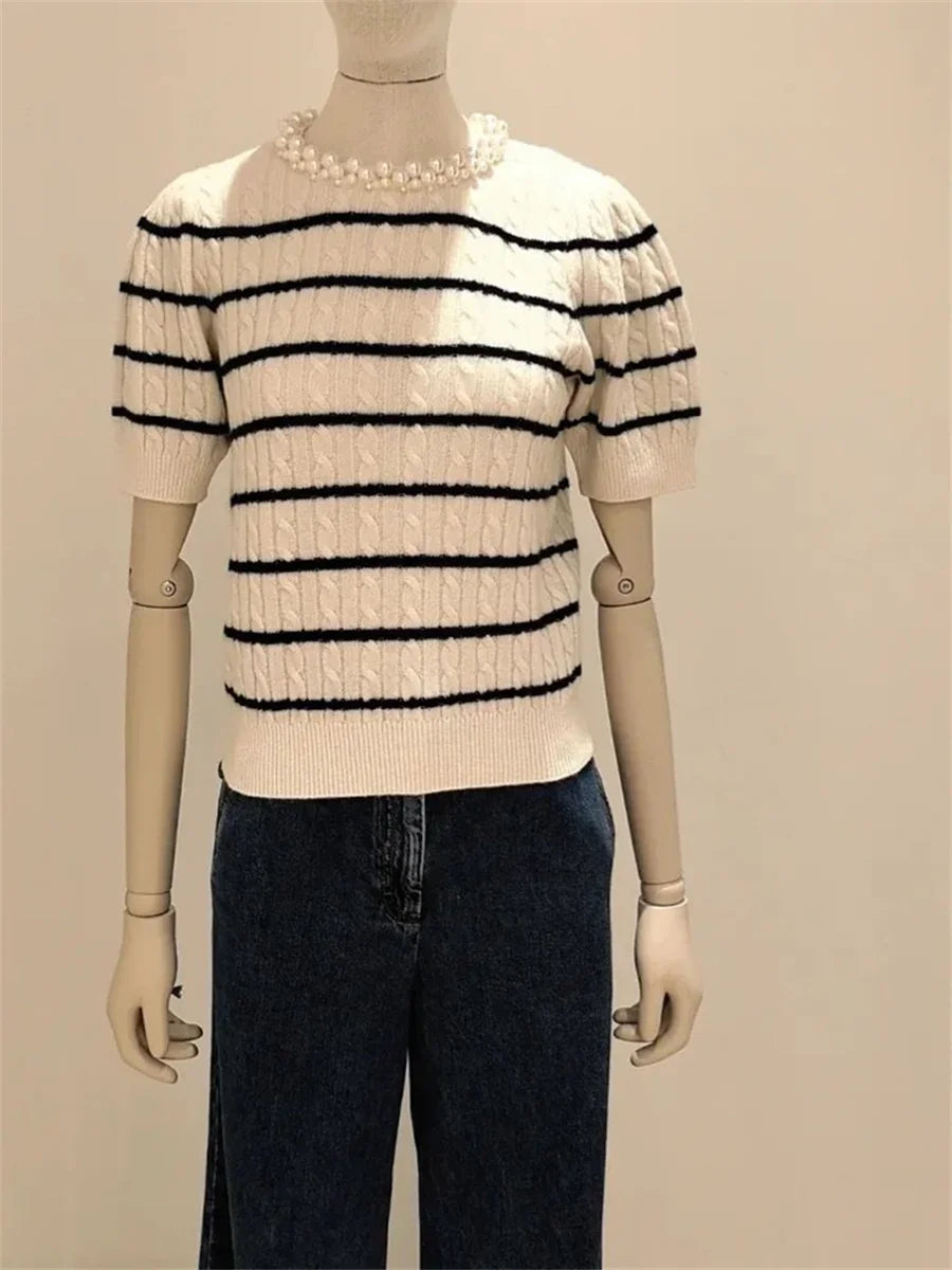 VILZSTUDIOS Striped Round Neck Knit Slim Sweater