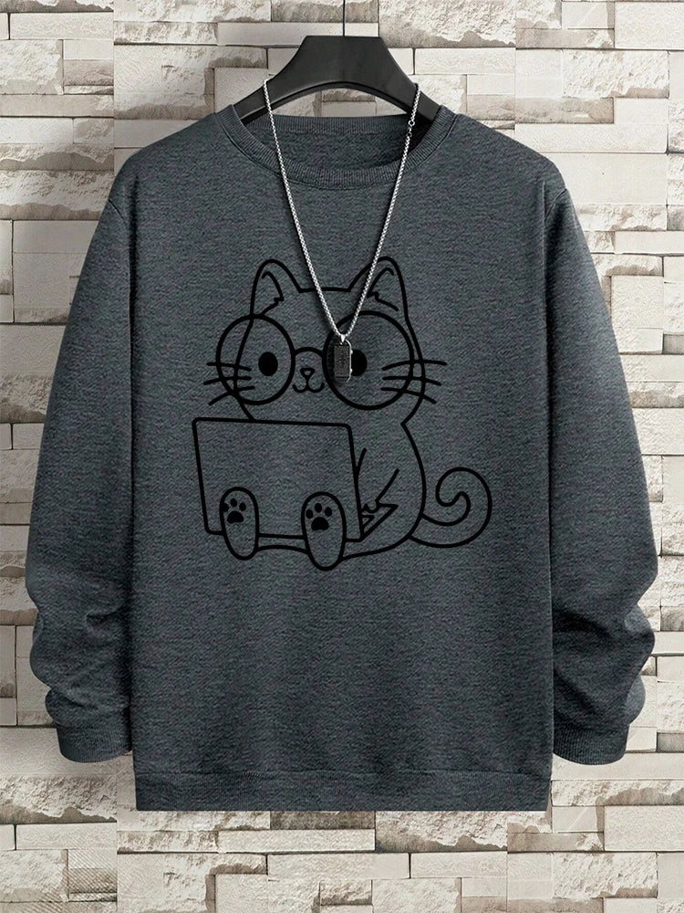 VILZSTUDIOS Nerdy Cat Print Loose Long Sleeve Top