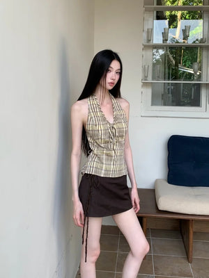 VILZSTUDIOS Yellow Plaid Backless Halter Top