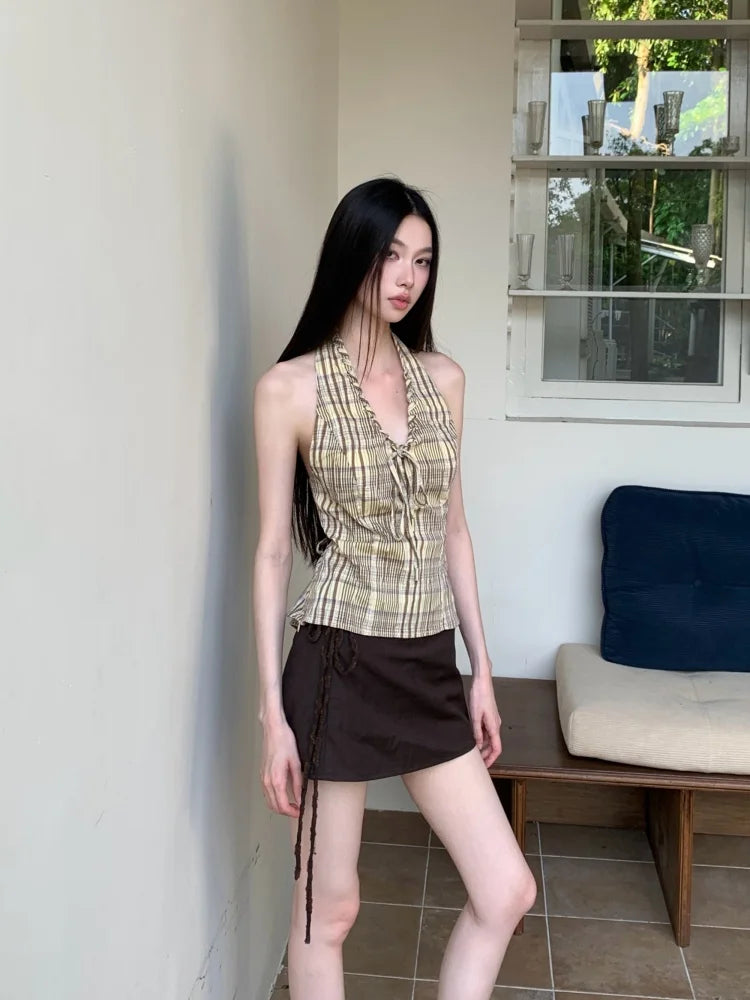 VILZSTUDIOS Yellow Plaid Backless Halter Top