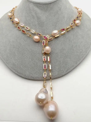 VILZSTUDIOS Pink Baroque Pearl Mixed Color Long Chain Necklace