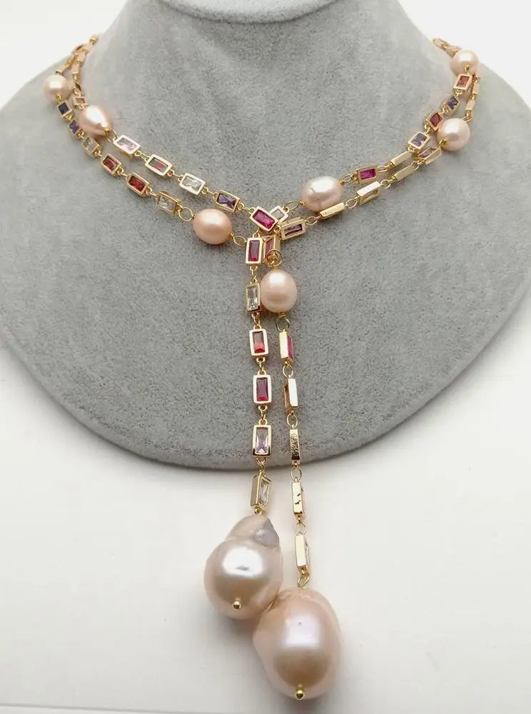 VILZSTUDIOS Pink Baroque Pearl Mixed Color Long Chain Necklace