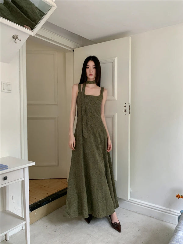Elegant Green Vintage Jacquard Backless Midi Dresses