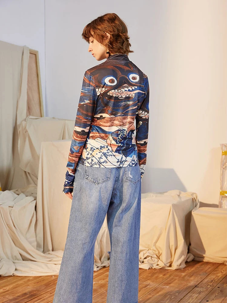 VILZSTUDIOS Blue Ukiyoe Designer Turtleneck Long Sleeve Top