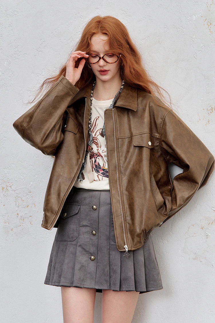 VILZSTUDIOS Y2K Vintage Texture Zip-Up Biker Leather Jacket