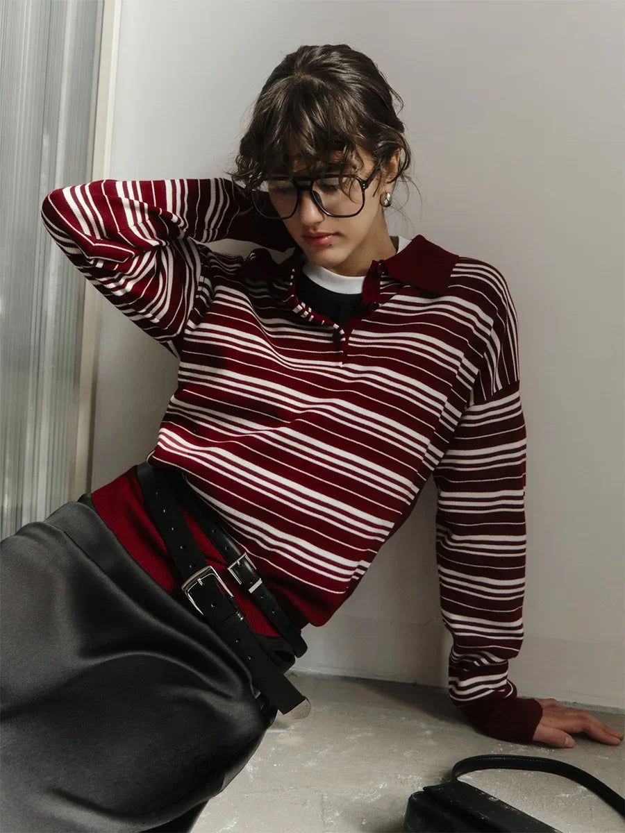 VILZSTUDIOS Retro Striped Knitted Polo Top