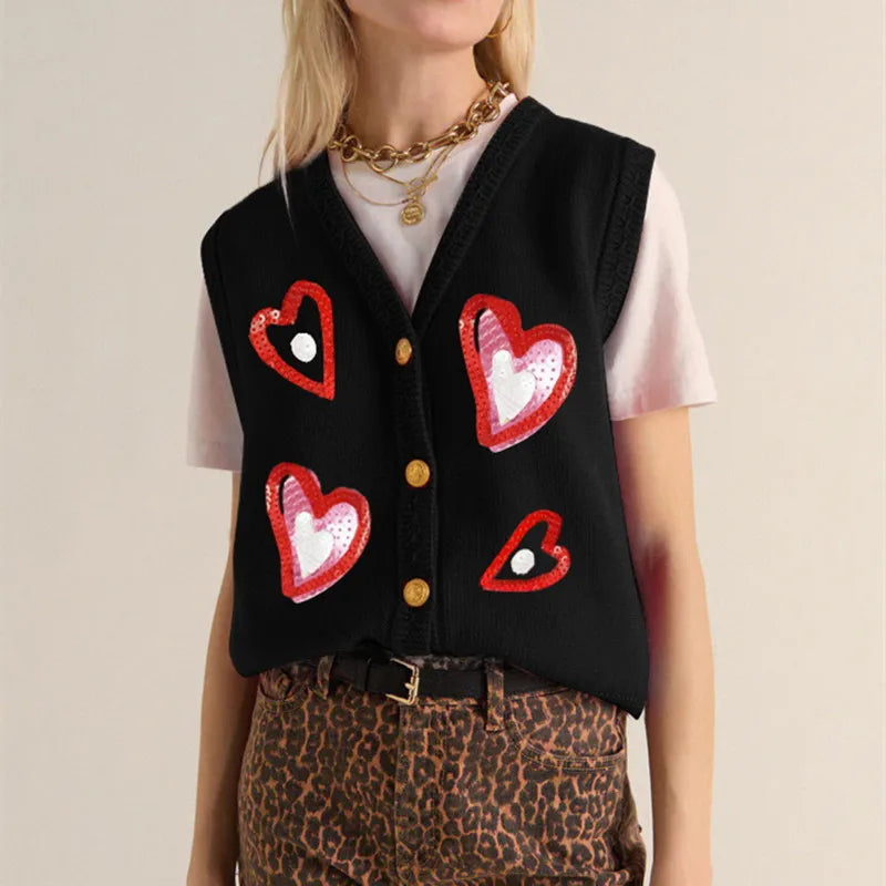 VILZSTUDIOS Valentines Day Sequin Embroidered Heart Sleeveless Sweater