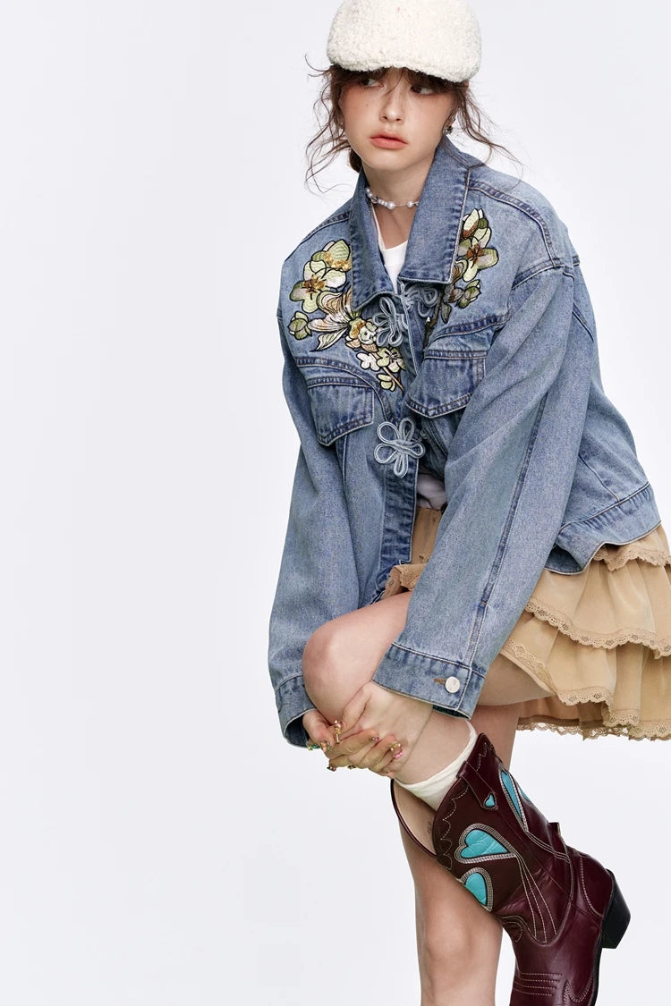 VILZSTUDIOS Stylish Embroidered Flower Button Denim Jacket