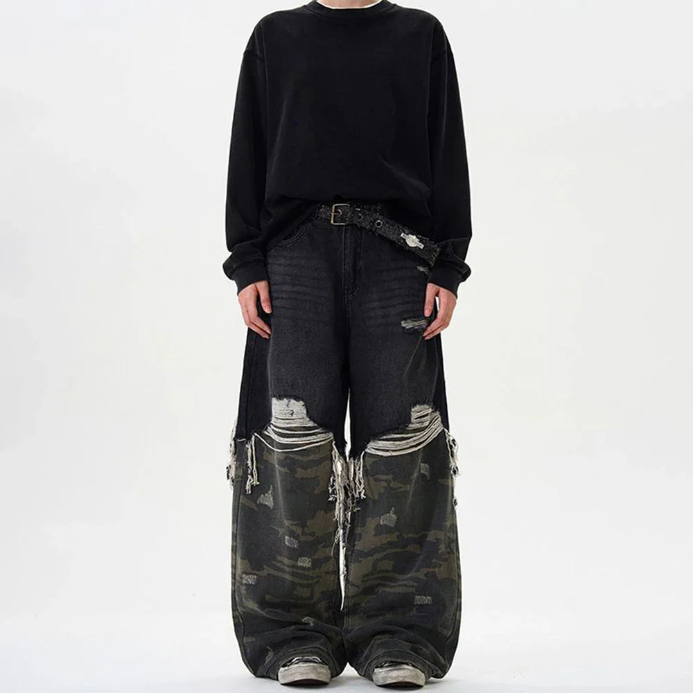 VILZSTUDIOS Retro Camouflage Stitched Baggy Ripped Jeans