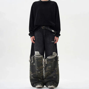 VILZSTUDIOS Retro Camouflage Stitched Baggy Ripped Jeans