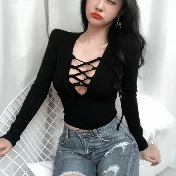 VILZSTUDIOS Sexy Hollow Out V-Neck Strap Top