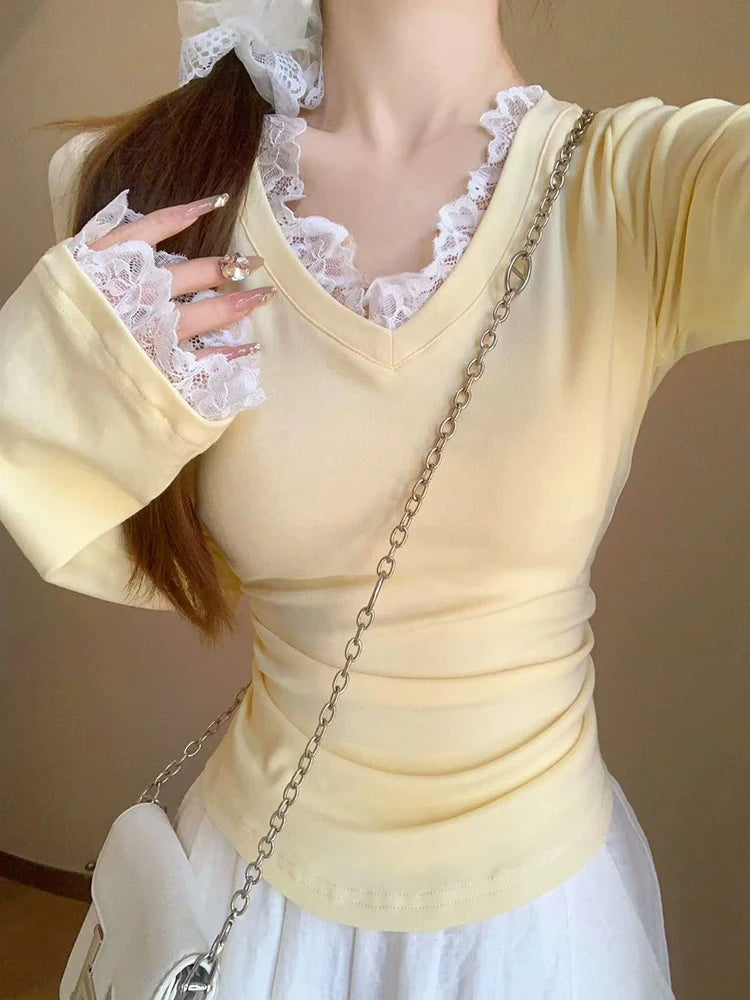 VILZSTUDIOS Chic Lace V-Neck Slim Long Sleeve Top