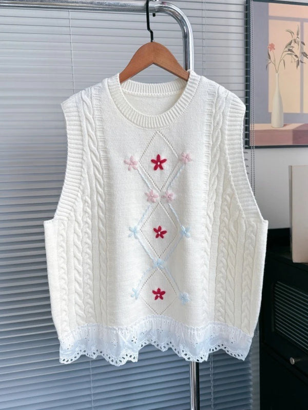 Chic French Floral Embroidered Sleeveless Sweater