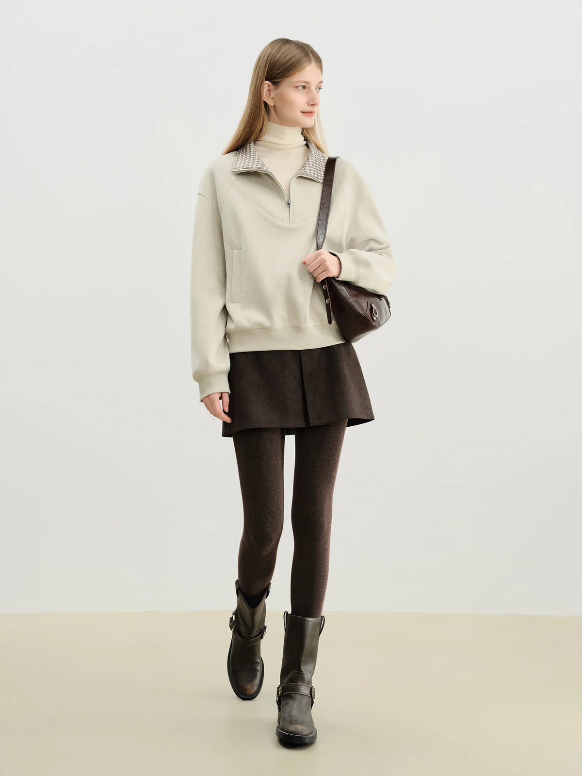 VILZSTUDIOS Cozy Plaid Stand Collar Sweatshirt