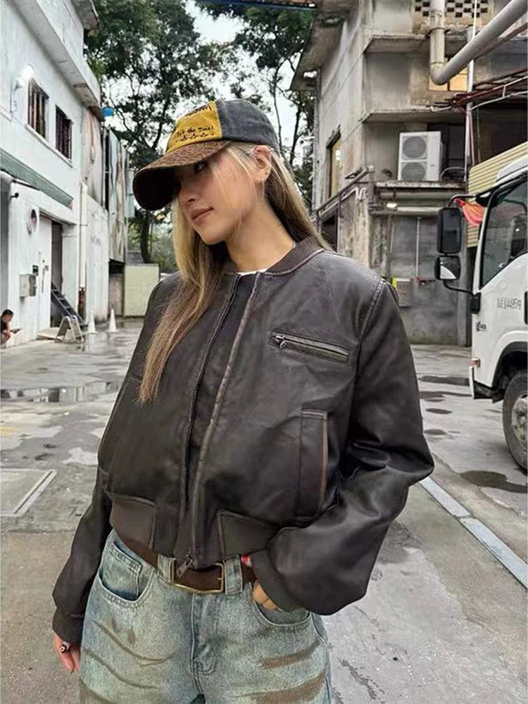 VILZSTUDIOS Vintage Brown PU Leather Jacket