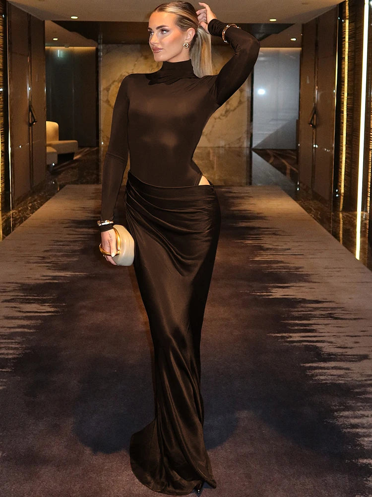 VILZSTUDIOS Satin Sexy Hollow Out Zipper Maxi