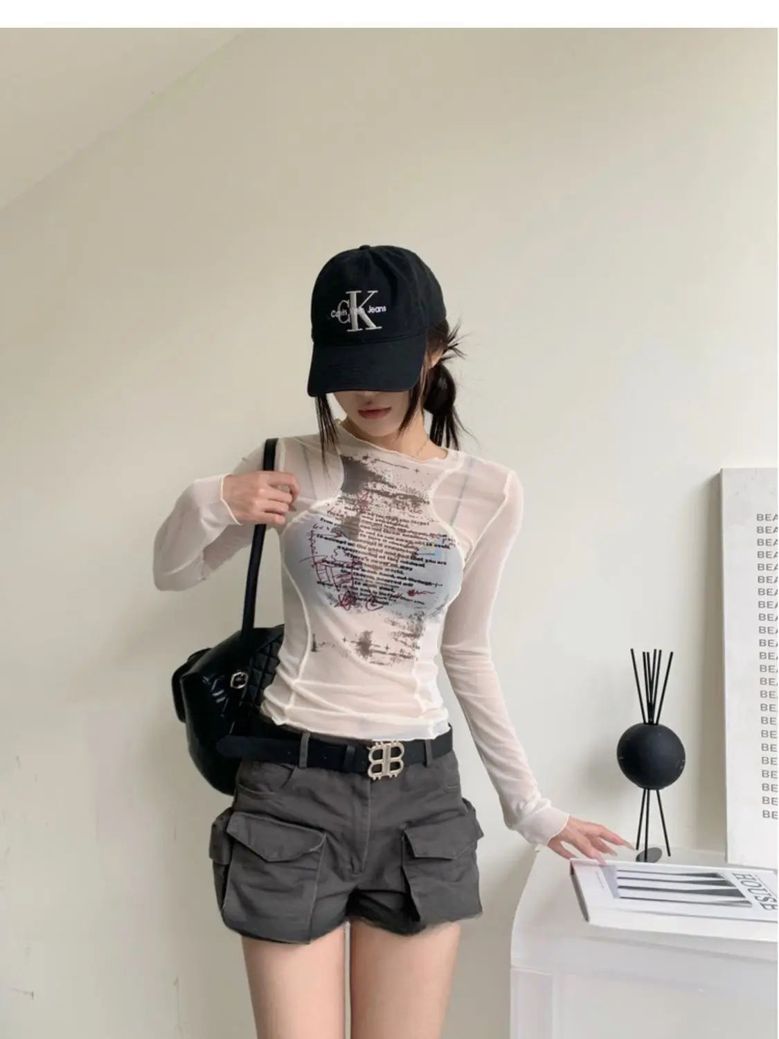 VILZSTUDIOS Sheer Mesh Print Slim Fit Top