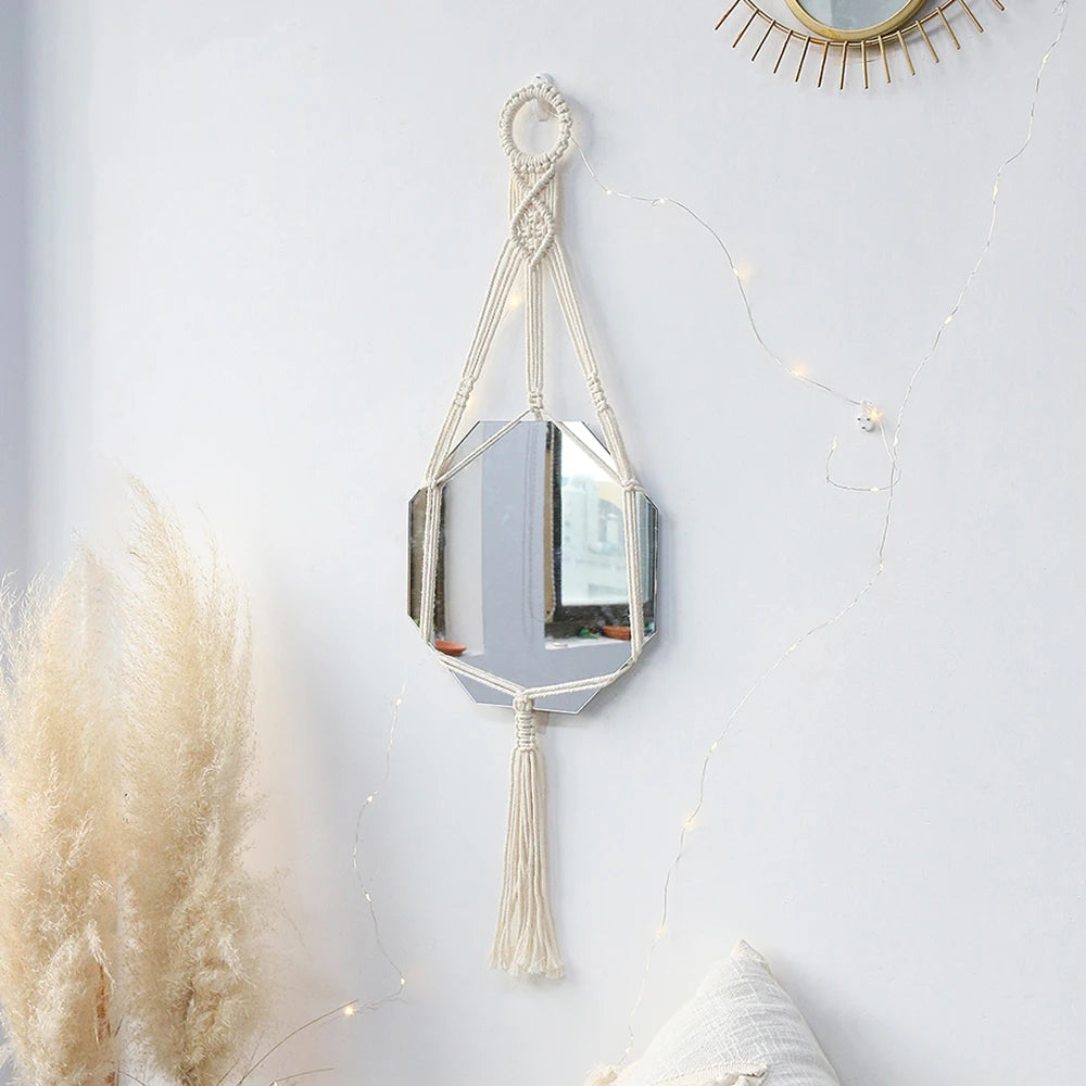 VILZSTUDIOS Boho Macrame Wall Mirror Home Decor Decorative Mirrors Aesthetic Room Decor Wall Mirrors for Living Room Bathroom Decoration