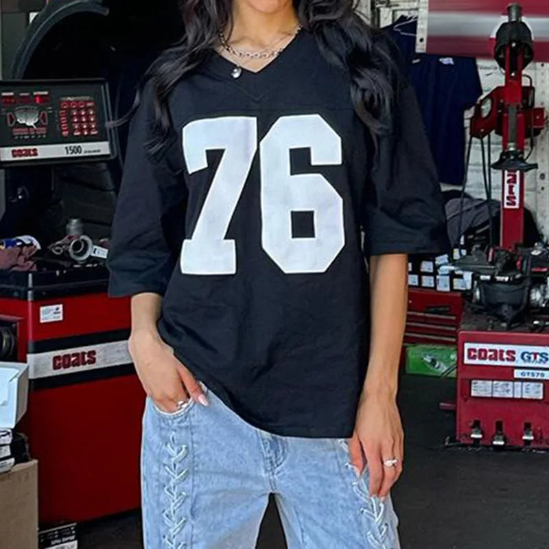 VILZSTUDIOS Sporty Number Printed V-Neck T-Shirt
