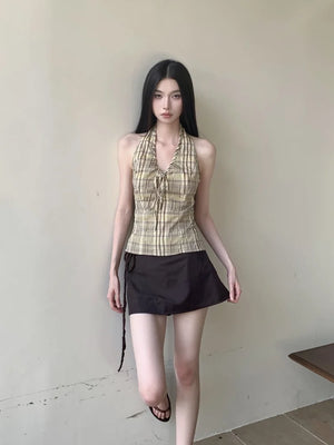 VILZSTUDIOS Yellow Plaid Backless Halter Top