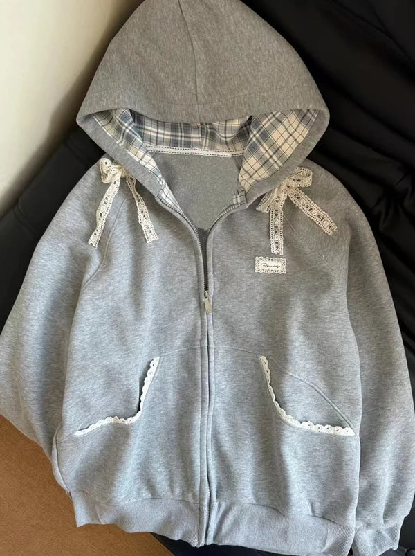 Plaid Lace Bow Zip-Up Hoodie