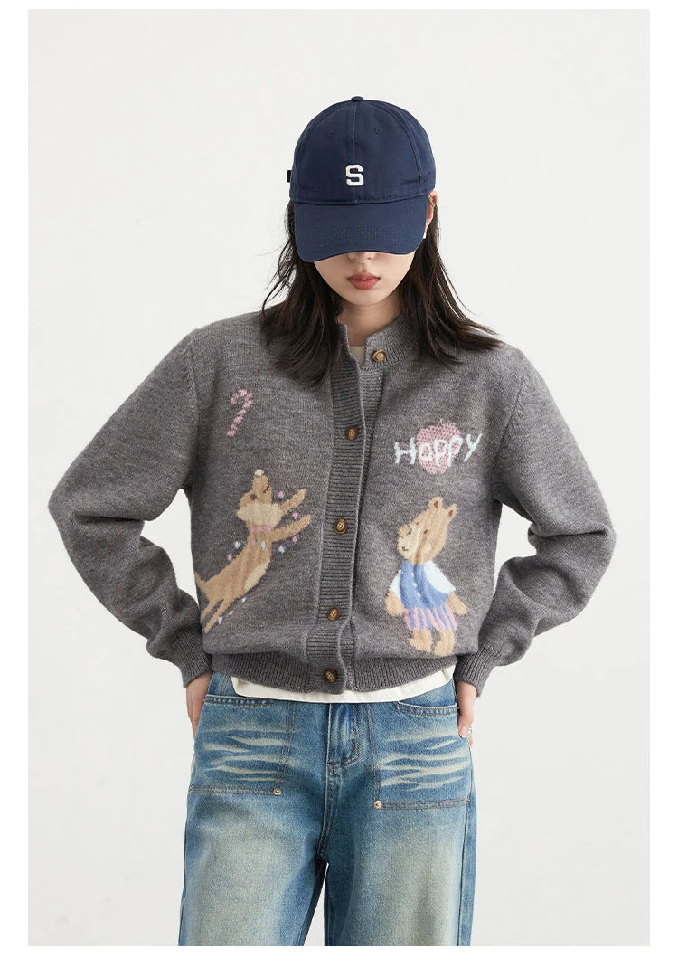 VILZSTUDIOS Retro Jacquard Happy Bear Cardigan