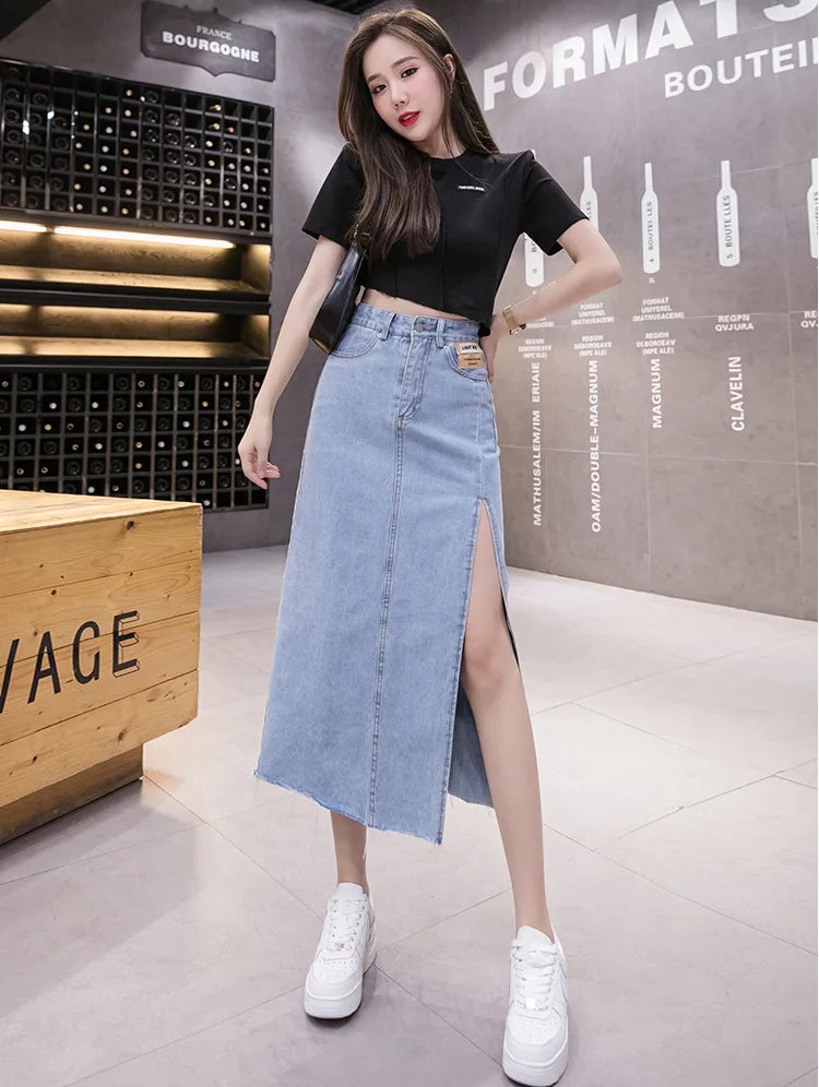 VILZSTUDIOS Vintage Denim Midi Skirt With Slit
