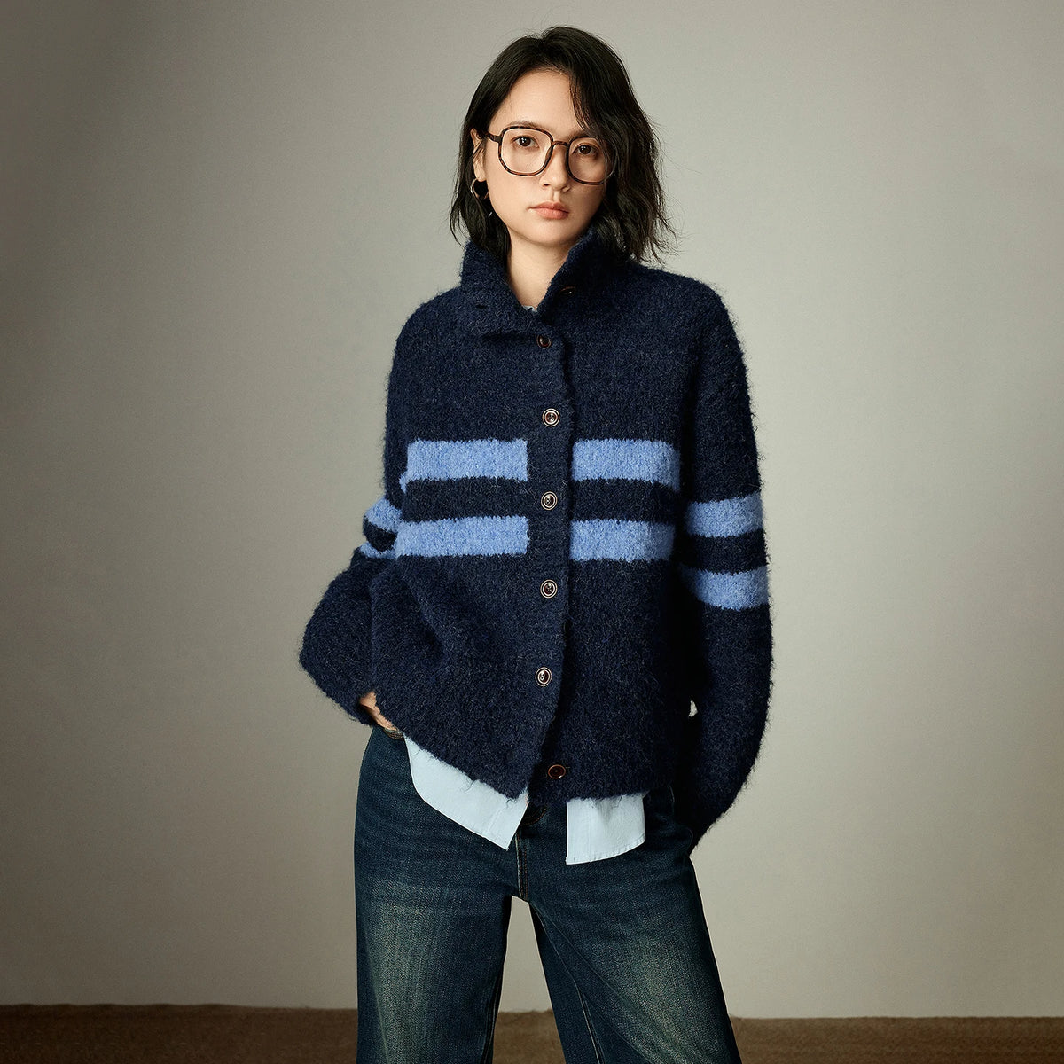 VILZSTUDIOS Cozy High Neck Striped Cardigan