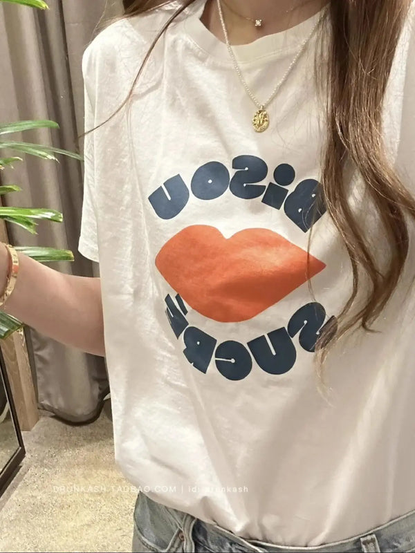 Vintage Lip Print Cotton T-Shirt