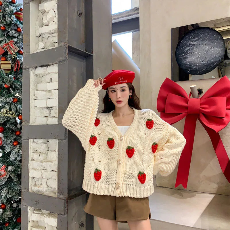 VILZSTUDIOS Cozy Strawberry Knit Cardigan