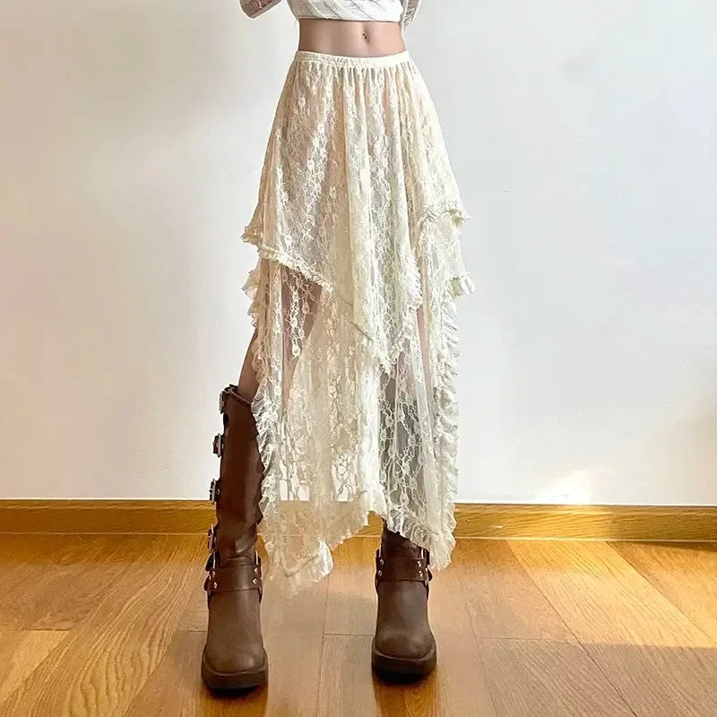 VILZSTUDIOS Vintage Boho Lace Asymmetrical Skirt
