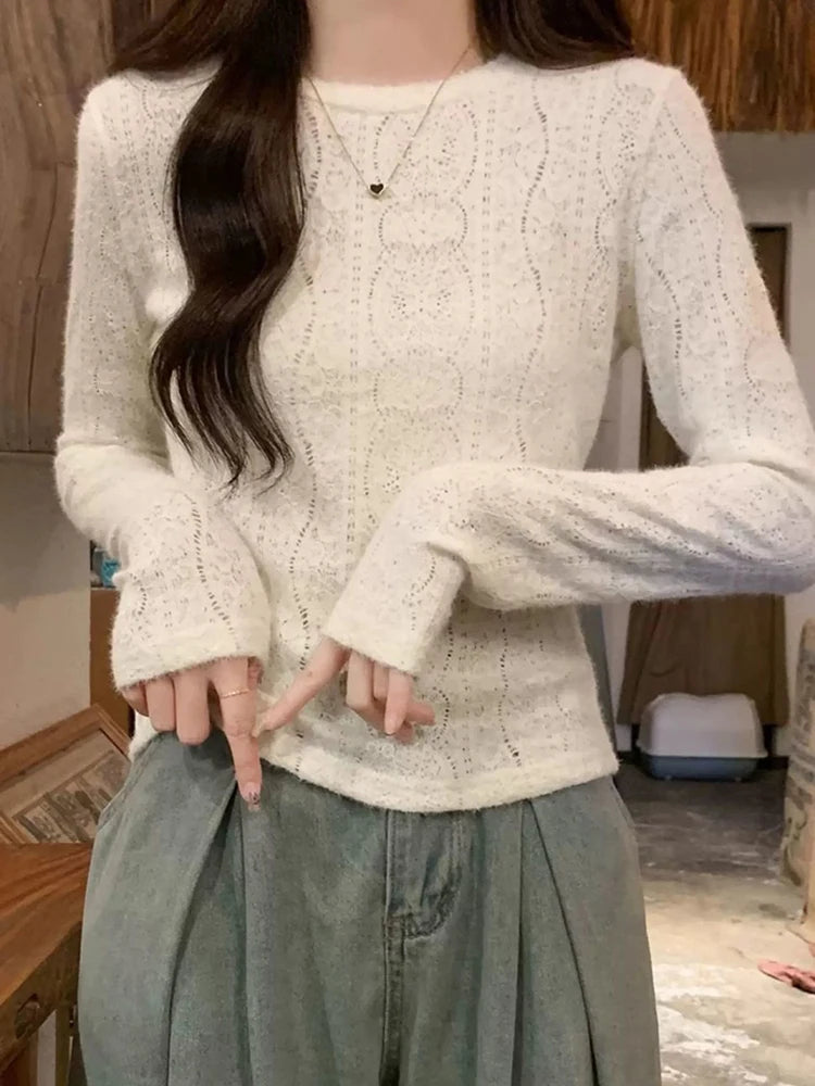 VILZSTUDIOS Lace Hollow Out Slim Long Sleeve Top