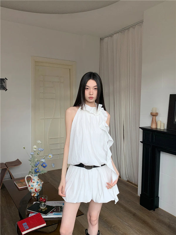 White Ruffles Halter Mini Dress Designer