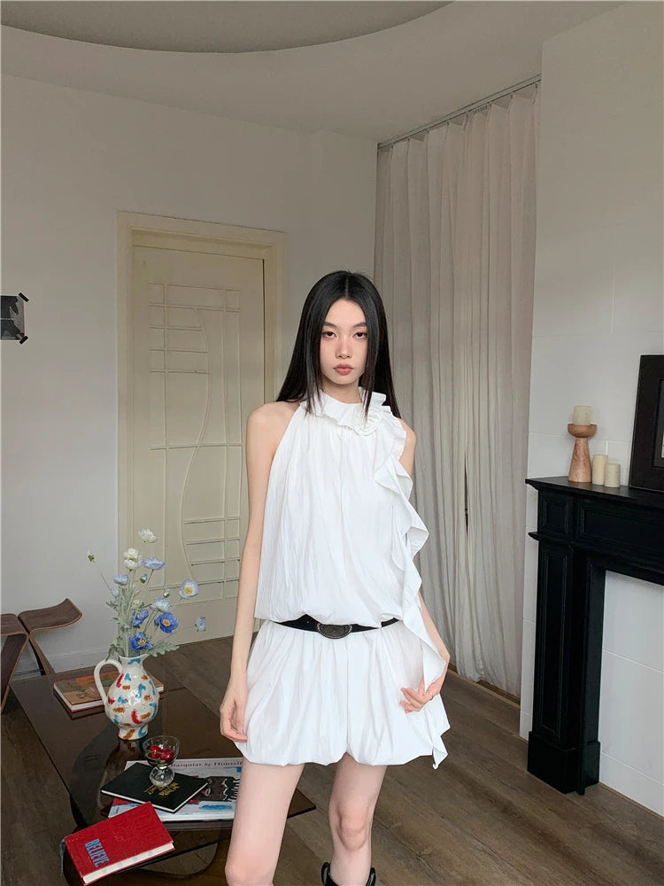 VILZSTUDIOS White Ruffles Halter Mini Dress Designer