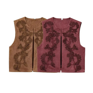 VILZSTUDIOS Stylish Embroidered Faux Suede Vest