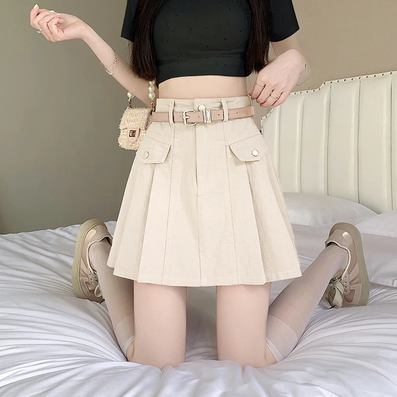 VILZSTUDIOS Pleated Denim A-Line Skirt for Spring/Summer