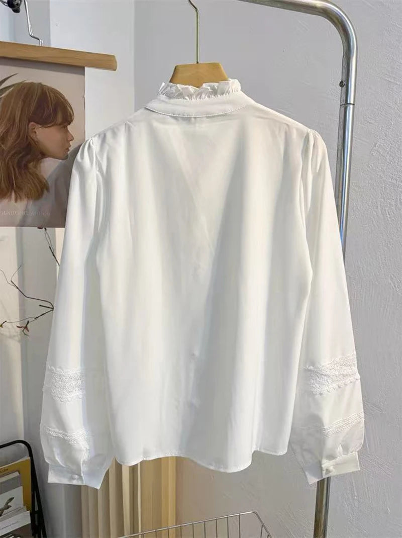 VILZSTUDIOS Lace Splicing Patchwork Stand Neck Shirt