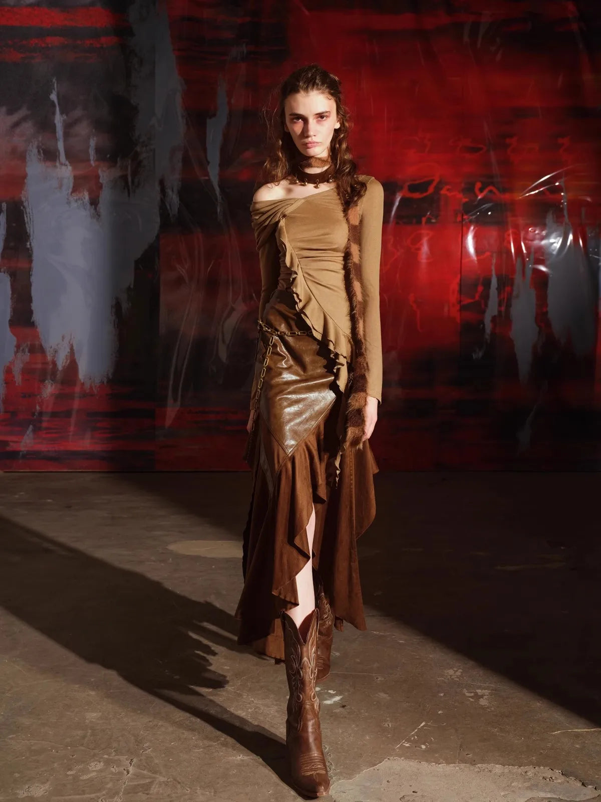 VILZSTUDIOS Luxury Brown Patchwork PU Leather Skirt