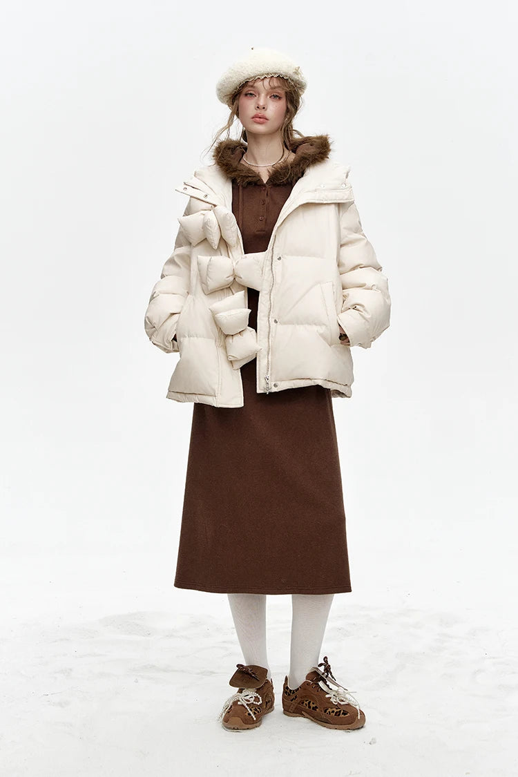 VILZSTUDIOS Stylish Bow Button Hooded Jacket