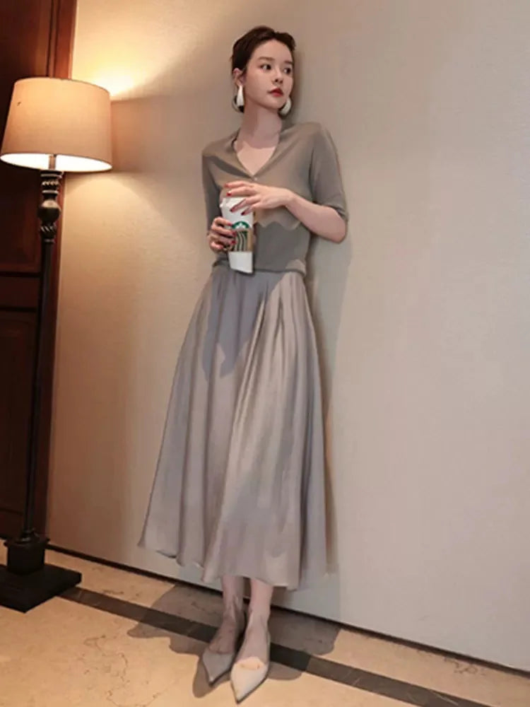 VILZSTUDIOS Elegant French Silk A-Line Midi Skirt