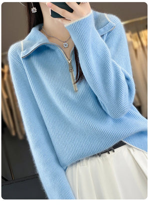 VILZSTUDIOS Cozy Wool Zip-Up Sweater Pullover Womens