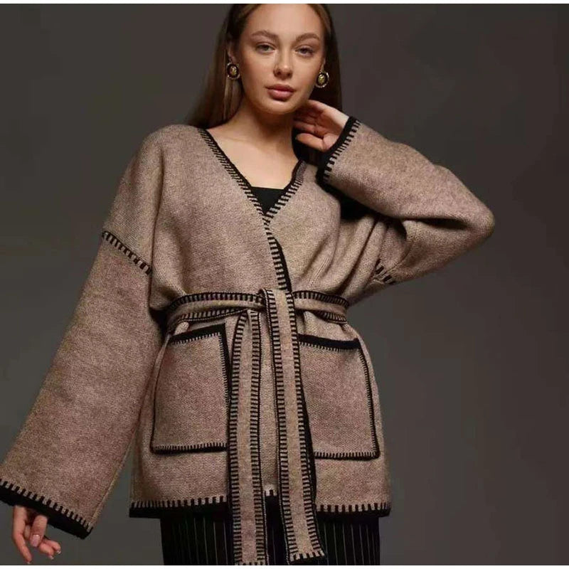 VILZSTUDIOS Lace-Up V-Neck Knit Cardigan