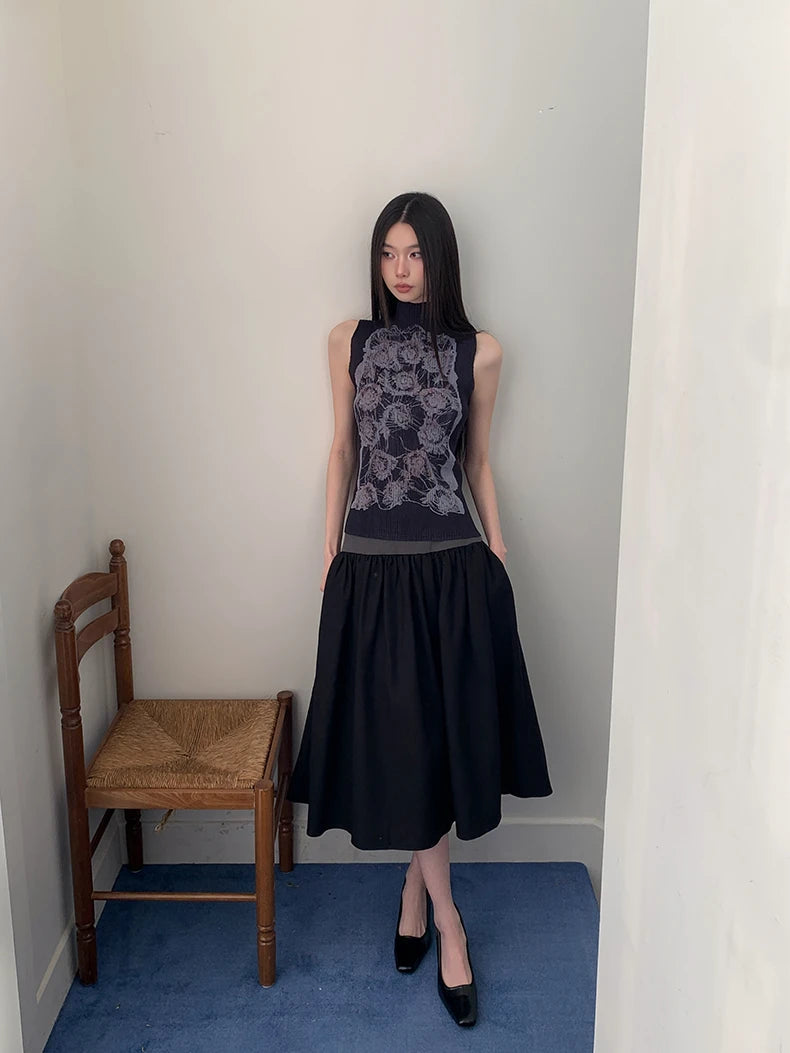 VILZSTUDIOS Floral Black Sleeveless Turtleneck Tank Top