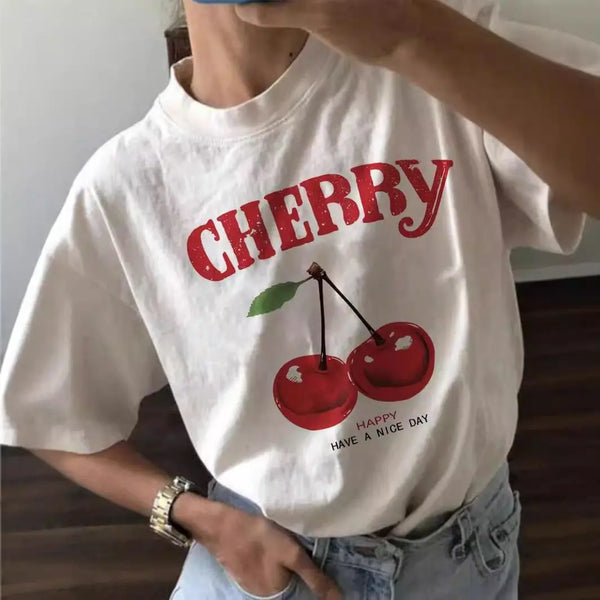 Cherry Floral Print Round Neck T-Shirt