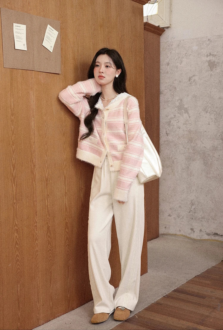VILZSTUDIOS Classic Pink Striped Plus Size Cardigan