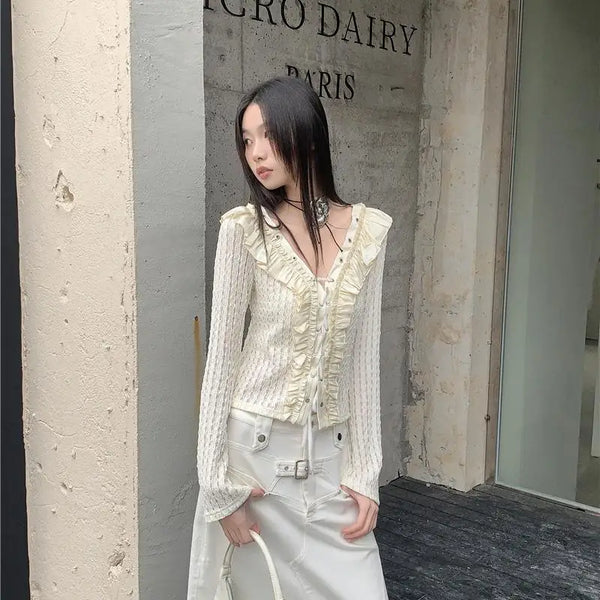 Cotton Fairycore Lace Up V-Neck Blouse