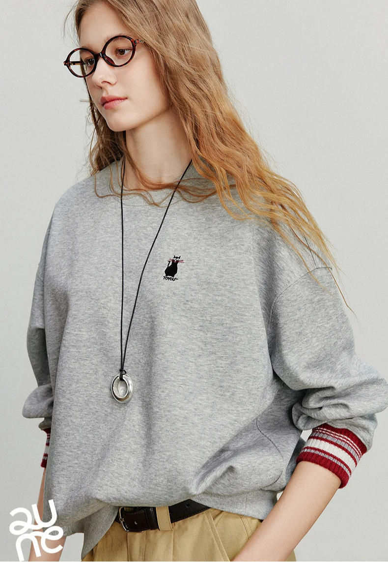 VILZSTUDIOS Cat Embroidery Striped Knit Pullover Shirt