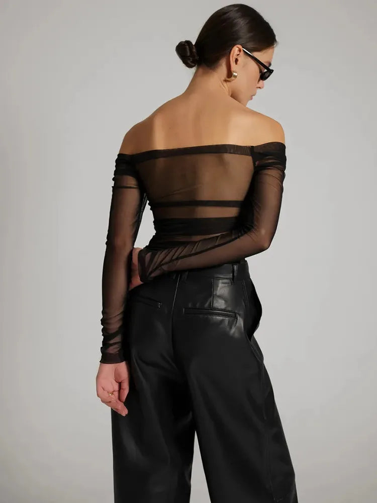 VILZSTUDIOS Elegant Mesh Off Shoulder Pleated T-Shirt