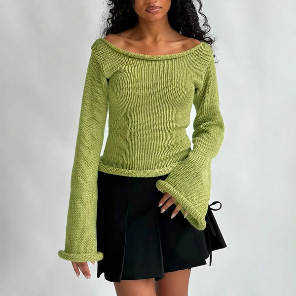 Chic Off-Shoulder Flare Sleeved Knitted Sweater